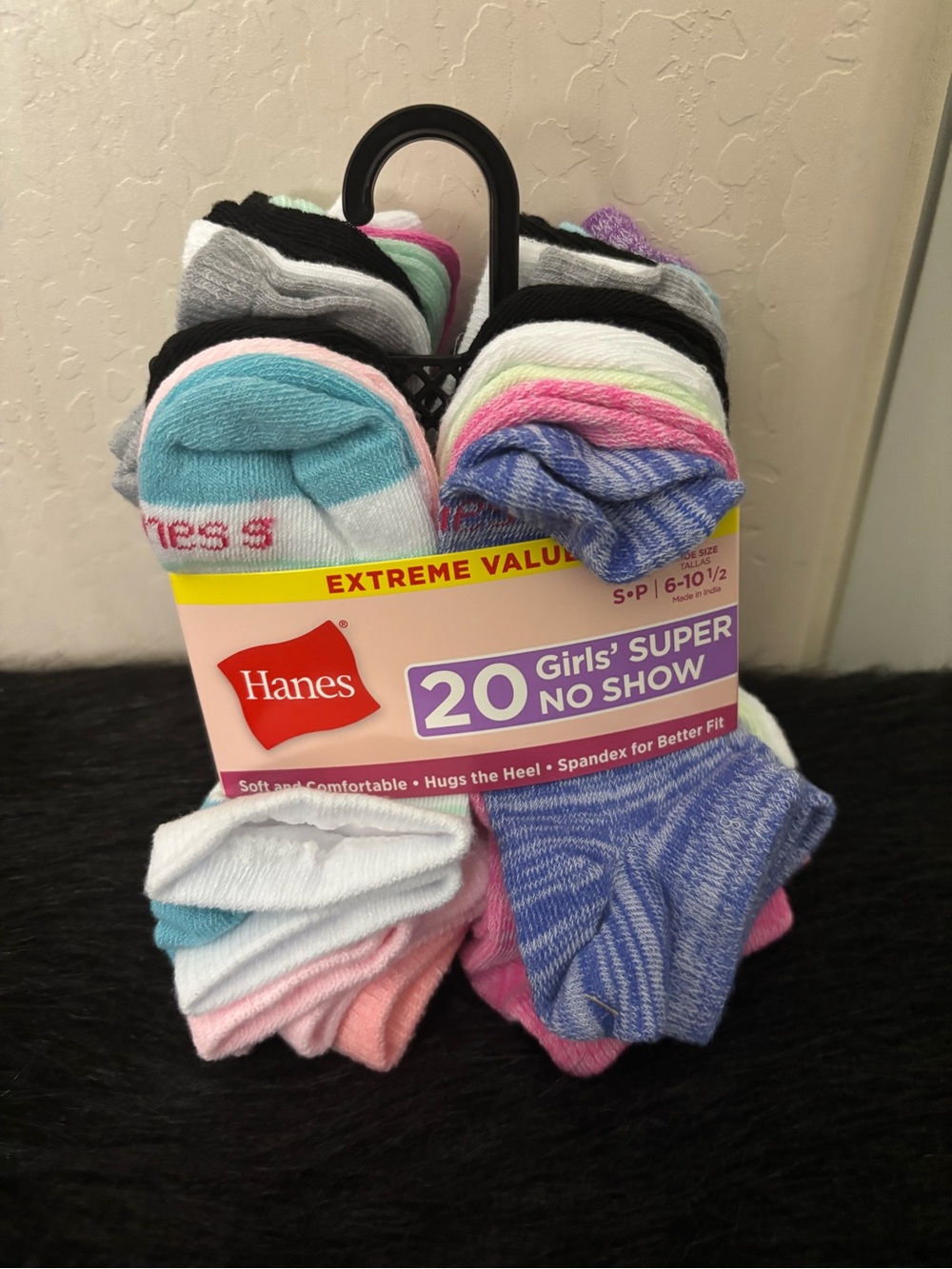 NWT Hanes Girls' 20-Pack No Show Socks – Blue, Pink, Purple, White, Size 6-10.5